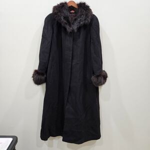 Vintage Alorna Wool Long Coat XL Black Rabbit Fur Trim Old Money Whimsygoth USA